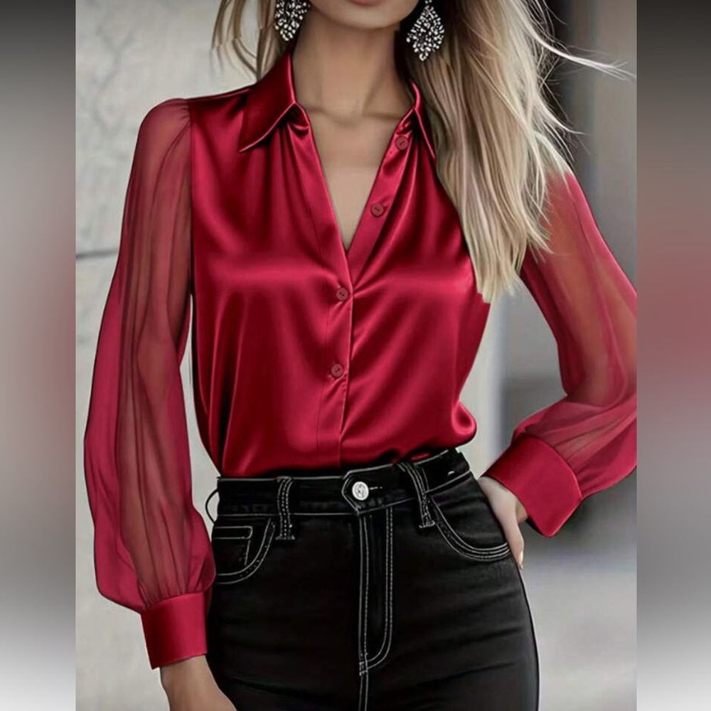 Elegant Burgundy Sheer Sleeve Blouse
